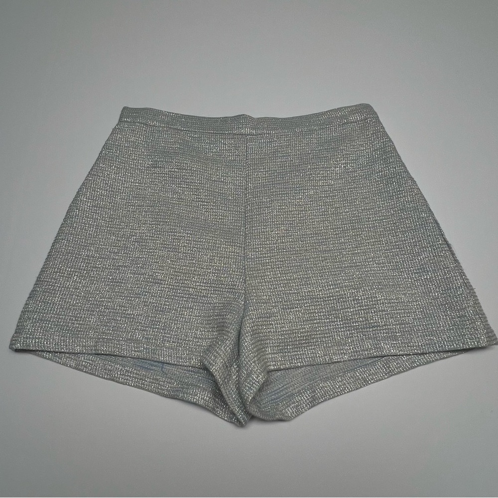 LAVENDER BROWN Silver Blue Tweed Shorts L High Waist Textured Lined Dressy Chic - Picture 2 of 14